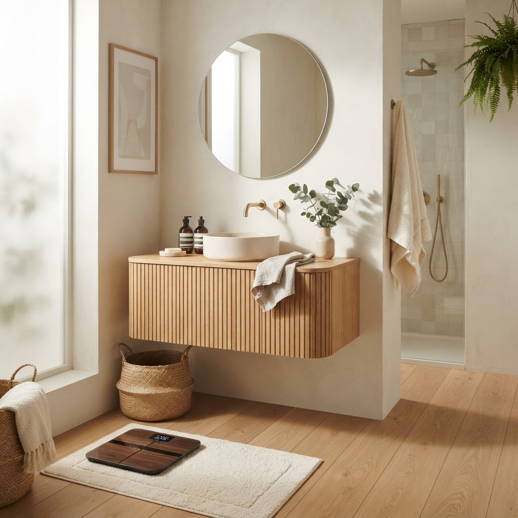 Serene minimalist bathroom with a Nevia smart scale in warm morning light