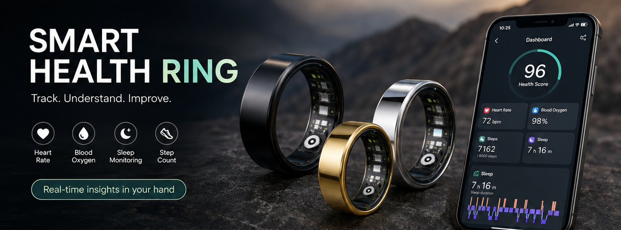 Aria Smart Health Ring in black, silver and gold beside a phone showing a 96 health score — track, understand and improve your heart rate, blood oxygen, sleep and steps.