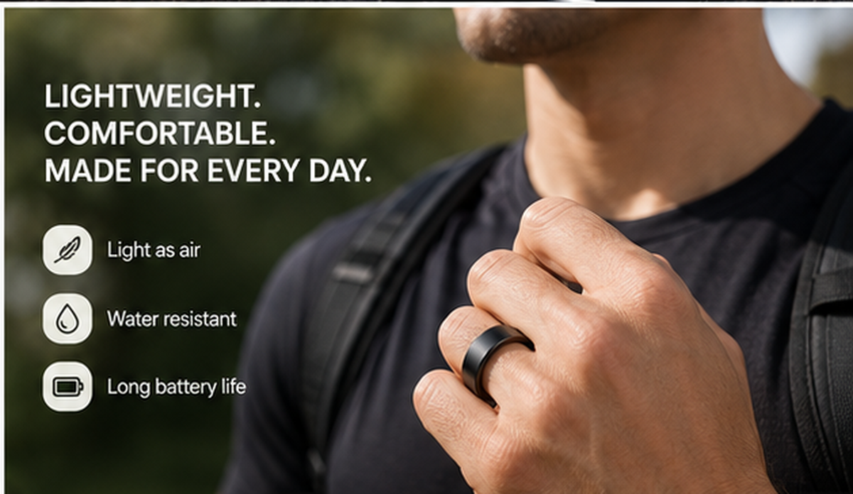 A man wearing the Aria ring outdoors — lightweight, comfortable and made for every day, with light-as-air, water-resistant and long-battery-life features.