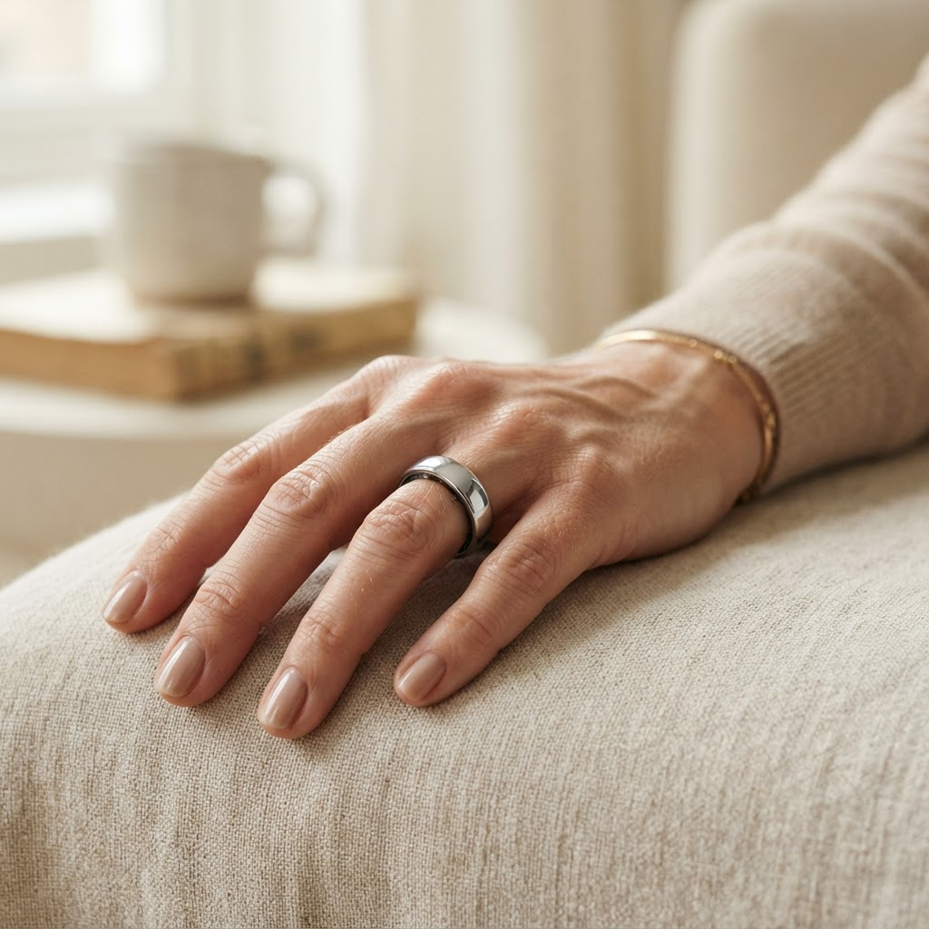 Silver Aria ring worn on a woman's hand