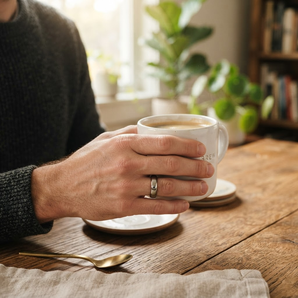 Silver Aria ring worn while holding a coffee mug