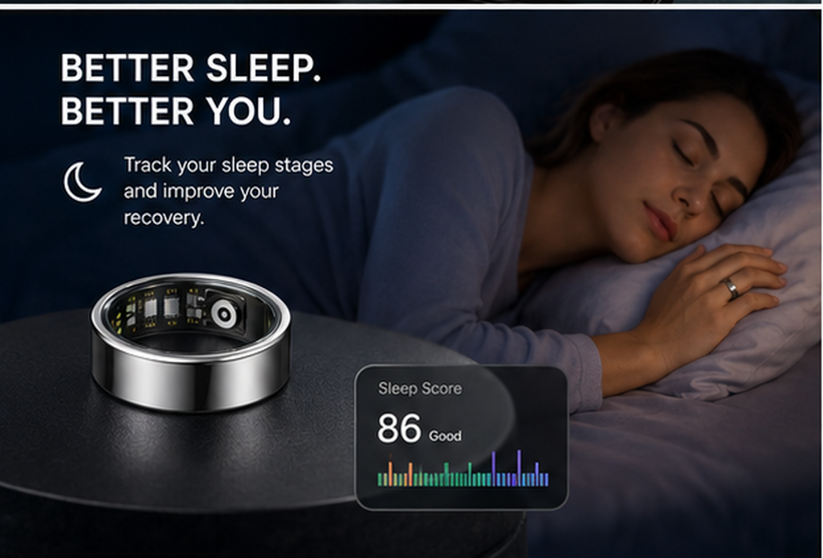 A woman sleeping while wearing the Aria ring, with a sleep score of 86 — track your sleep stages and improve your recovery.