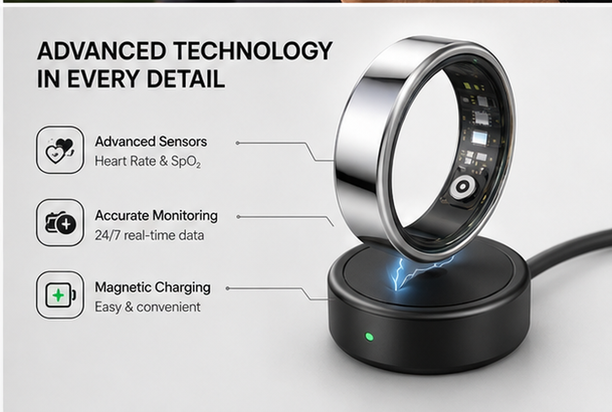 Close-up of the Aria ring on its magnetic charging dock, highlighting advanced sensors for heart rate and SpO2, accurate 24/7 monitoring and easy magnetic charging.